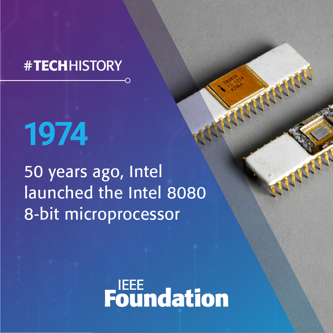 This year marks 50 years since the launch of the Intel 8080 8-bit microprocessor. The 8080 saw great success in a wide set of applications, and is largely credited with starting the microcomputer industry. #TechHistory #IEEETechHistory