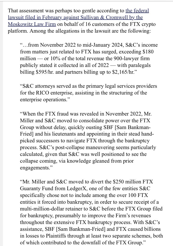 Sullivan and Cromwell were legal counsel for the RICO - FTX - enterprise.
 
Legal counsel for FTX, Alameda, SBF, Nishad Singh - every entity.