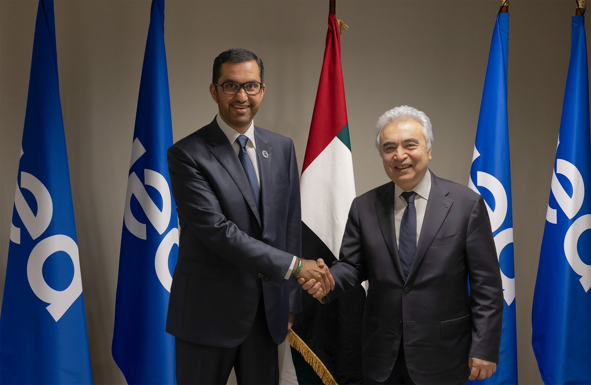 Great pleasure to receive @COP28_UAE President Sultan Al Jaber at @IEA HQ for a very productive meeting on implementing the landmark #UAEConsensus achieved at #COP28 We also discussed the need to expand clean cooking access in Africa & the Summit on this critical issue on 14 May