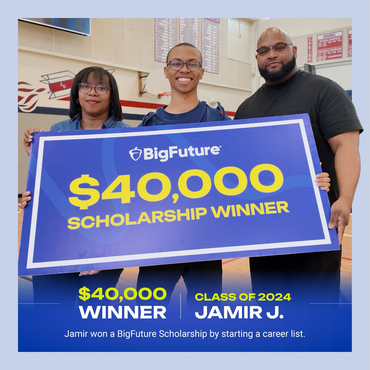 🎉 Exciting news! Jamir will attend college with a $40,000 BigFuture Scholarship. His journey began with a single step: creating his career list on #BigFuture. Start yours today for a chance to earn $40K or $500 scholarships. Deadline: March 31. spr.ly/6018ZpBtE