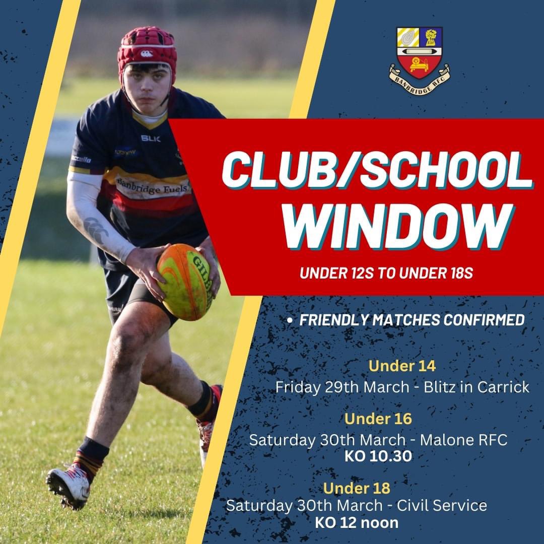 Banbridge RFC (@banbridgerugby) on Twitter photo 📣Club/School Window📣
Friendly Matches Confirmed ✔️
#clubforall #clubschool #UTB
<a href="/CarrickRugby/">Carrick Rugby</a> <a href="/MaloneRFC/">Malone RFC</a> <a href="/csnirfc/">Civil Service NI RFC</a> <a href="/UlsterBranch/">Rugby in Ulster</a> <a href="/UlsterRugby/">Ulster Rugby</a> <a href="/IrishRugby/">Irish Rugby</a> 📣Club/School Window📣
Friendly Matches Confirmed ✔️
#clubforall #clubschool #UTB
<a href="/CarrickRugby/">Carrick Rugby</a> <a href="/MaloneRFC/">Malone RFC</a> <a href="/csnirfc/">Civil Service NI RFC</a> <a href="/UlsterBranch/">Rugby in Ulster</a> <a href="/UlsterRugby/">Ulster Rugby</a> <a href="/IrishRugby/">Irish Rugby</a>