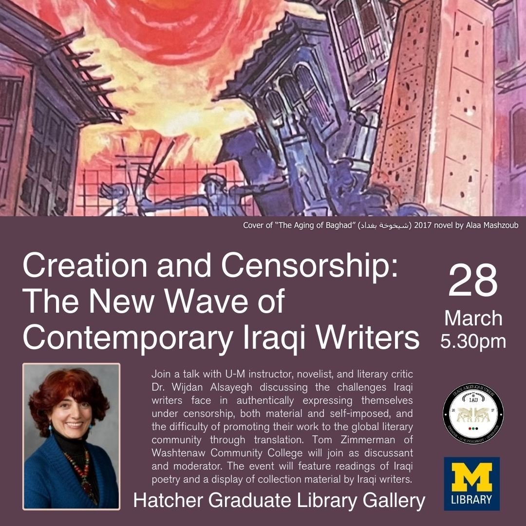 3/28: Wijdan Alsayegh explores the challenges Iraqi writers face in expressing themselves under censorship. Also readings of Iraqi poetry and a display of material by women writers. Creation and Censorship: The New Wave of Contemporary Iraqi Writers: myumi.ch/Pk6j4