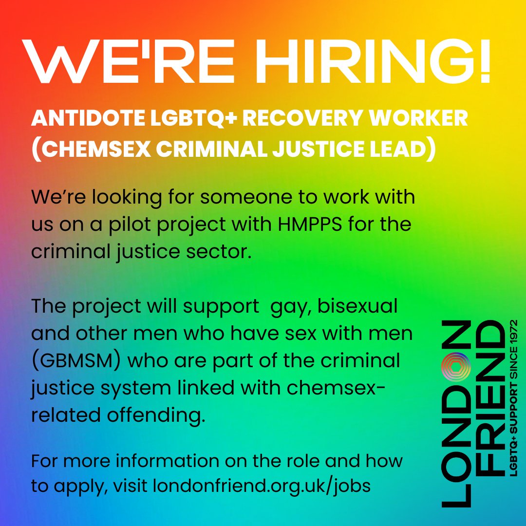 🚨 There’s a new closing date to apply for the role of Antidote Recovery Worker! Join us on an exciting new pilot project for the criminal justice sector! ⏰ Apply by April 17th at 5pm 📩 For more information, visit londonfriend.org.uk/jobs