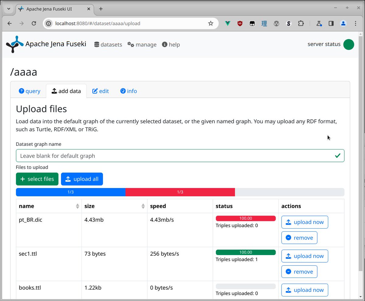 Under review: A new upload progress bar for Apache Jena Fuseki, it shows the progress of all your files, suggestion/idea from @neumarcx ! #TheASF #Jena #SemanticWeb #Ontology #Vuejs #javascript #UIUX 

github.com/apache/jena/pu…