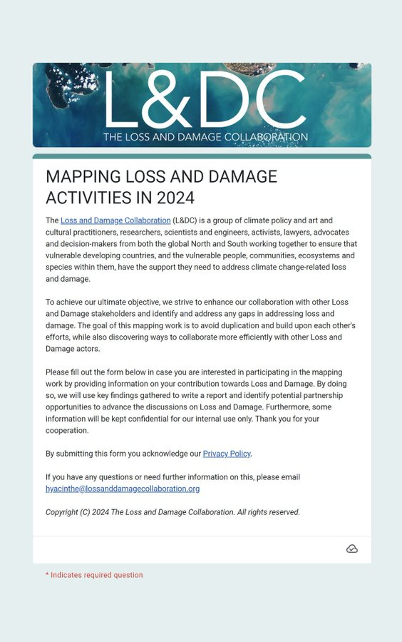 🧐If you are working on #LossAndDamage in 2024 we want to hear from you by April 30th! Whether you are an individual, a network , an organisation or a government, tell us your plans! 🗣️⛏️🏗️🌪️🚰🔎📡🏚️ ✏️Let us know by filling in this form: docs.google.com/forms/d/e/1FAI…