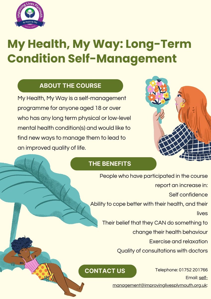 My Health, My Way is our FREE 4-week workshop we deliver to support individuals over the age of 18 living with a long-term physical/mild to moderate mental health condition. If you would like more information please contact 01752 201892. #chroniccondition #longtermcondition #ILP