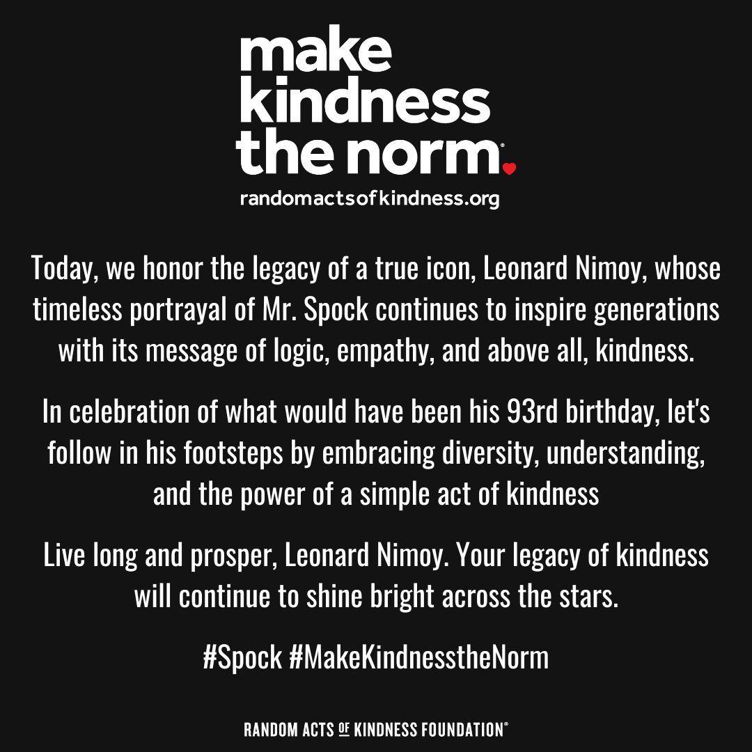 RAKFoundation's tweet image. Honoring the legacy of #LeonardNimoy, whose portrayal of Mr. Spock continues to inspire generations with its message of logic, empathy, and kindness. In celebration of what would have been his 93rd birthday, let&apos;s embrace diversity, understanding, and the power of kindness.