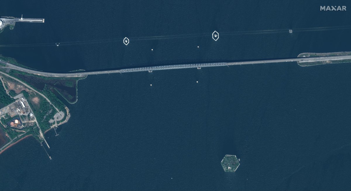 The #FrancisScottKeyBridge collapsed in #Baltimore, Maryland, around 1:30 a.m. ET today after being hit by a cargo ship. About an hour ago, two Maxar satellites collected imagery of the collapsed bridge and ship. A May 2023 image is also in the gallery. #viewfromspace