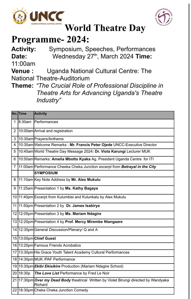 #PROGRAMME: World Theatre Day Celebrations this Wednesday at the National Theatre #WorldTheatreDayUg We Invite the General Public to join us in the celebrations.