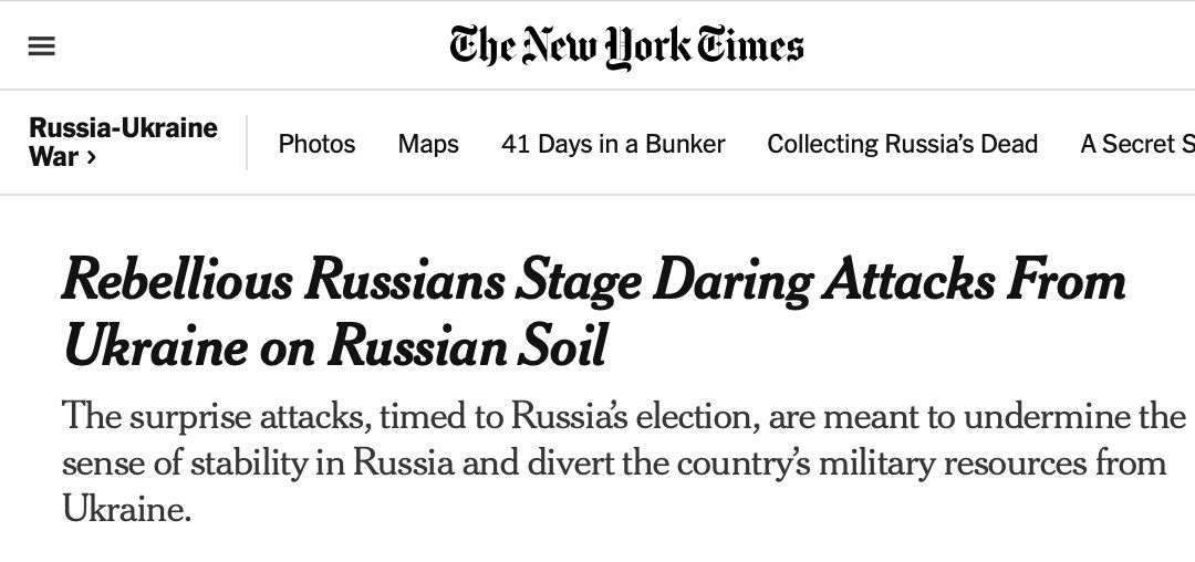 Just 10 days ago, the @nytimes reported on a 'daring attack' inside Russia by neo-Nazis operating out of Ukraine. The purpose was 'to undermine the sense of stability with Russia.' The latest terrorist attack is an escalation of this strategy. #MoscowTerroristAttack