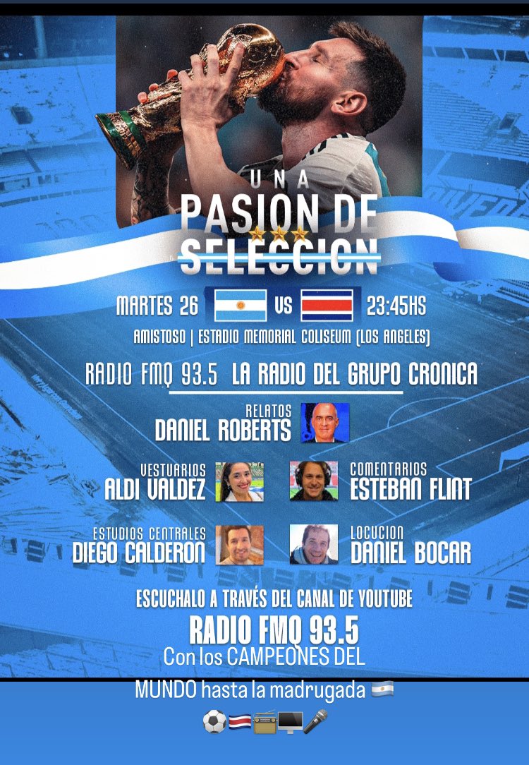 Juega el Campeón del Mundo, Argentina vs Costa Rica, vivilo con el equipo de Una Pasión de Selección por <a href="/radiofmq/">Radio FMQ</a> y nuestro canal de YouTube Radio FMQ desde las 23 y 30 hs. Gracias por estar <a href="/EstebanFlint/">Esteban Flint</a> <a href="/AldanaSeleneVa2/">Aldana Selene Valdéz</a> <a href="/choricalderon/">Diego Calderón</a> <a href="/DaniBocar/">Daniel Bocar</a> <a href="/cronica/">Crónica</a>