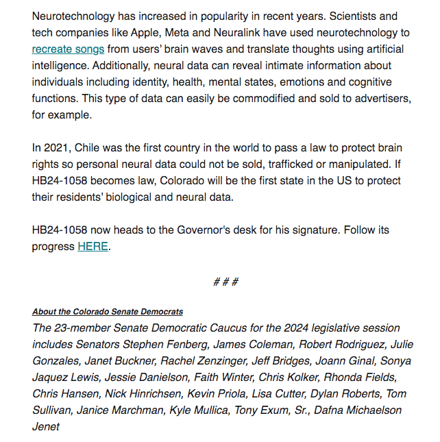 RELEASE: First-in-the-Nation Neural Data Protections Bill Passes Colorado Senate: mailchi.mp/8e9ca43b3b29/r…