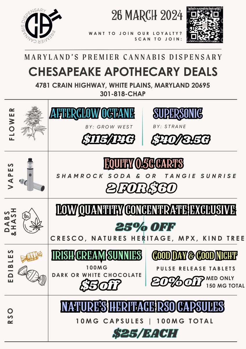 ChesapeakeApoth's tweet photo. Chesapeake Apothecary Deals at White Plains OG! 
Stop by and see us soon 🍁
Order exclusives here:
https://t.co/Zlk6PIgVHv
MCA 18+ or Adults 21+ Only https://t.co/Gz3EczOStX
