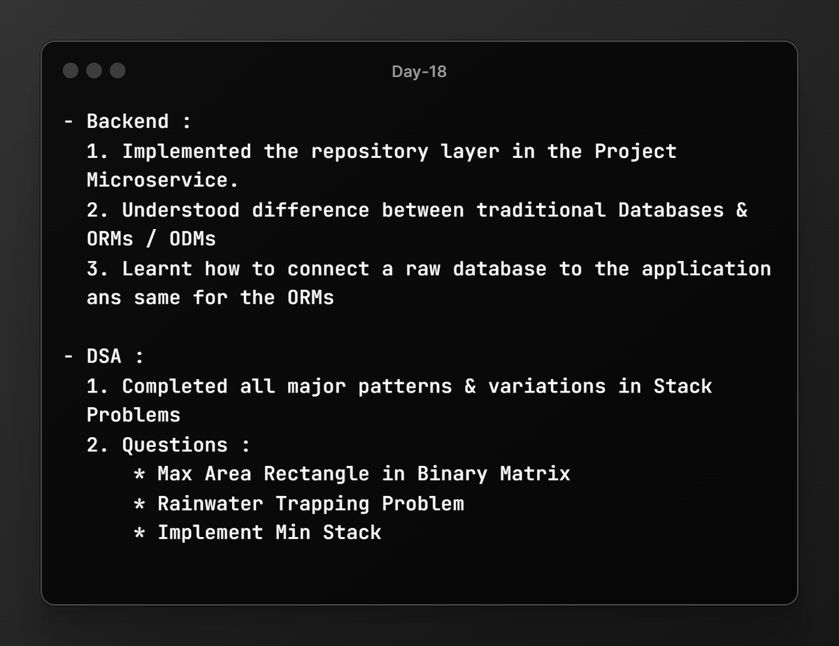ss_21_'s tweet photo. Day-18 of #50DaysofConsistency

Had a live lecture with @isanketsingh on implementation of database in applications through drivers &amp; ORMs / ODMs

Completed another set of med-hard problems &amp; patterns on Stack from #AdityaVerma's playlist &amp; @striver_79n's sheet

 #tech #dev #dsa https://t.co/Jv2AZ3ryWv