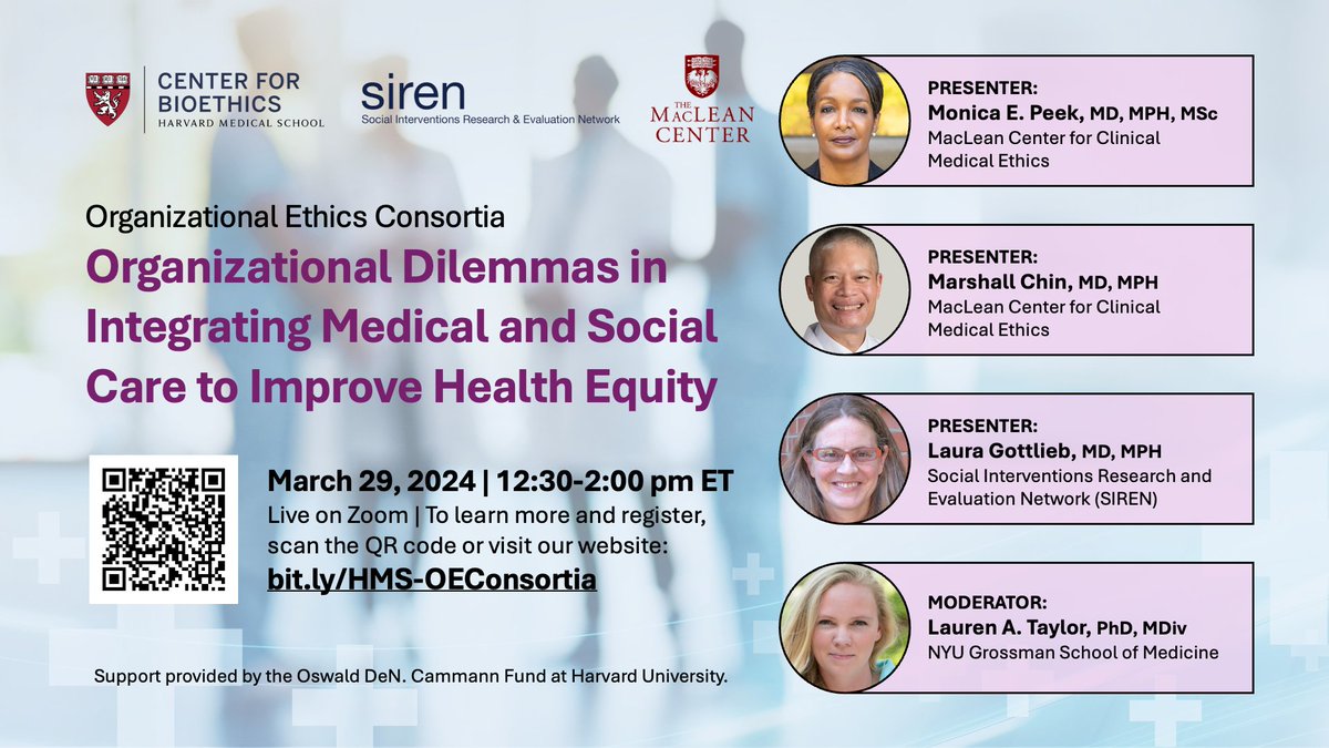 Join us this Friday, March 29, 12:30-2pm ET for 'Organizational Dilemmas in Integrating Medical and Social Care to Improve Health Equity.' Learn more and register here: bit.ly/HMS-OEConsortia #HMSBioethics #bioethics #ethics #healthequity