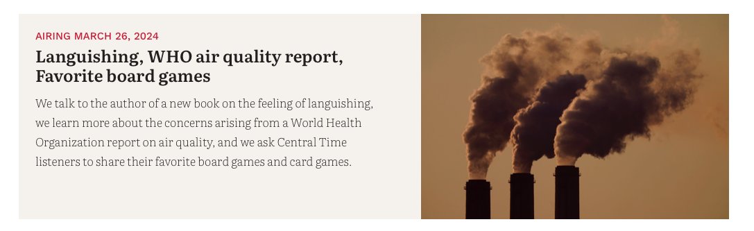 Excited to appear on public radio in my home state of Wisconsin (<a href="/WPR/">WPR</a>) to discuss our recent <a href="/EHPonline/">Environmental Health Perspectives</a> study. If you're interested in learning about air quality (or languishing + board games), tune in this afternoon at 4:30 EDT/3:30 CDT! wpr.org/shows/central-…