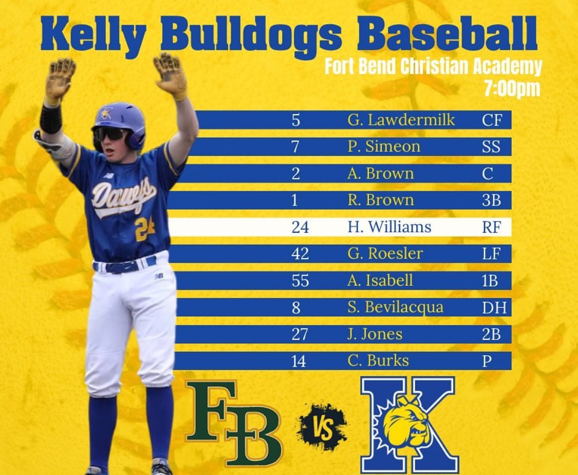 KellyCatholicBaseball (@kellycatholicbb) on Twitter photo Dawgs on the road today at Fort Bend Christian <a href="/FBCAathletics/">Fort Bend Christian Academy Athletics</a> . <a href="/carsonburks8/">Carson Burks</a> on the mound for Kelly. <a href="/MKCHS_Athletics/">MKCHS Athletics</a> <a href="/MKCHSNews/">MKCHS News</a> <a href="/CoachFarno/">Ryan Farney</a> <a href="/AshlyElamSports/">Ashly Elam</a> @MikeKFDM <a href="/TAPPSBaseball/">TAPPS Baseball</a> <a href="/PSTxHSBaseball/">PrivateTxHSBaseball ⚾️🎙</a> <a href="/SanJacRaven43/">C⭕️achK43</a> <a href="/RiceBaseball/">Rice Baseball</a> <a href="/HC_BSBL/">Houston Christian Baseball</a> <a href="/TommieBase/">St. Thomas Baseball</a> <a href="/TrinityUFastBat/">Trinity Univ. Tigers Baseball FASTBAT Boosters</a> <a href="/TeamLSCSN/">Lone Star Christian Sports Network (LSCSN)</a> Dawgs on the road today at Fort Bend Christian <a href="/FBCAathletics/">Fort Bend Christian Academy Athletics</a> . <a href="/carsonburks8/">Carson Burks</a> on the mound for Kelly. <a href="/MKCHS_Athletics/">MKCHS Athletics</a> <a href="/MKCHSNews/">MKCHS News</a> <a href="/CoachFarno/">Ryan Farney</a> <a href="/AshlyElamSports/">Ashly Elam</a> @MikeKFDM <a href="/TAPPSBaseball/">TAPPS Baseball</a> <a href="/PSTxHSBaseball/">PrivateTxHSBaseball ⚾️🎙</a> <a href="/SanJacRaven43/">C⭕️achK43</a> <a href="/RiceBaseball/">Rice Baseball</a> <a href="/HC_BSBL/">Houston Christian Baseball</a> <a href="/TommieBase/">St. Thomas Baseball</a> <a href="/TrinityUFastBat/">Trinity Univ. Tigers Baseball FASTBAT Boosters</a> <a href="/TeamLSCSN/">Lone Star Christian Sports Network (LSCSN)</a>