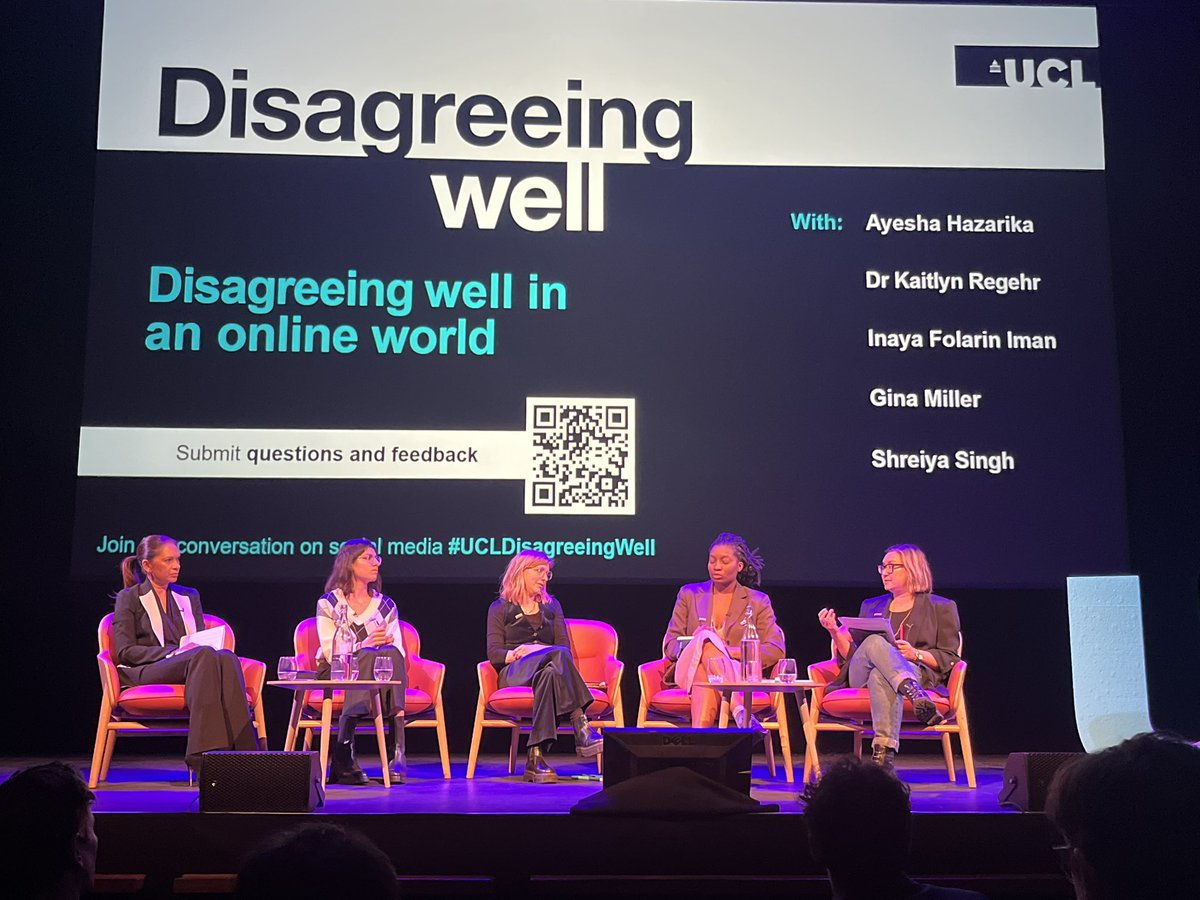 Excellent panel at the @ucl event #UCLDisagreeingWell : Disagreeing well in an online word. 

Exciting to see @thatginamiller here!