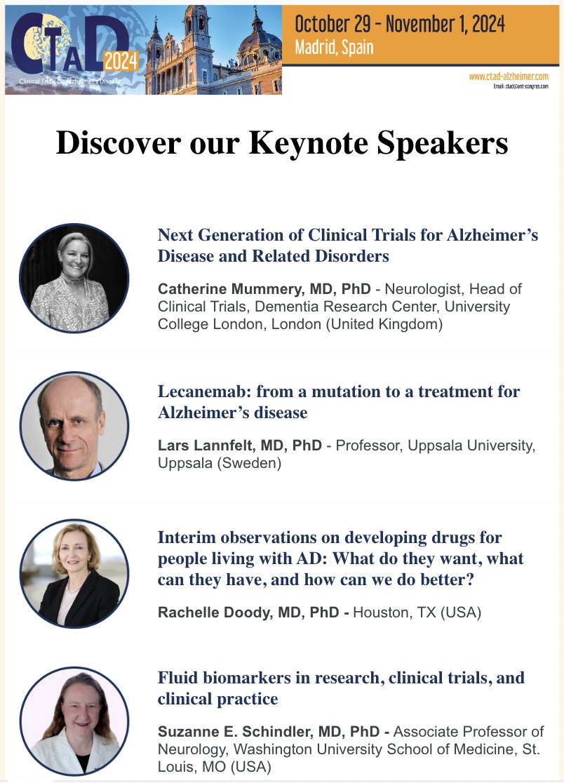 Beyond excited and proud to be invited to give a keynote at #CTAD2024 and in such fantastic company. This meeting is the place to be for cutting edge #dementia #clinicaltrials research - don't miss it! @IonUcl @UCLHresearch