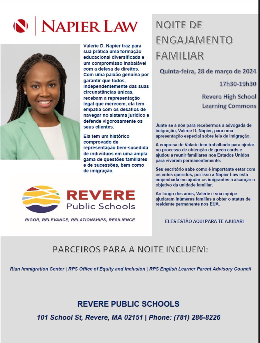 Suje_HillSchool's tweet photo. Dear RPS Families, join us for our upcoming Family Engagement Night Thursday, March 28 at 5:30pm Revere High School Learning Commons as we welcome immigration attorney Valerie D. Napier for a special presentation on immigration law. Great opportunity for questions or concerns. https://t.co/E1cYX9tlj3