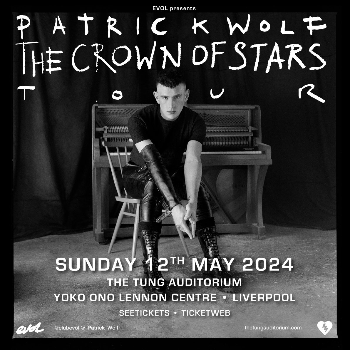 Proud that Liverpool hosts 𝐓𝐇𝐄 𝐎𝐍𝐋𝐘 𝐔𝐊 𝐒𝐇𝐎𝐖 of acclaimed & adored artiste @_PATRICK_WOLF's 'The Crown Of Stars' Tour, Sunday May 12th at @TungAuditorium, Yoko Ono Lennon Centre. Tickets are flying. Get them via @seetickets NOW‼️ seetickets.com/event/patrick-…