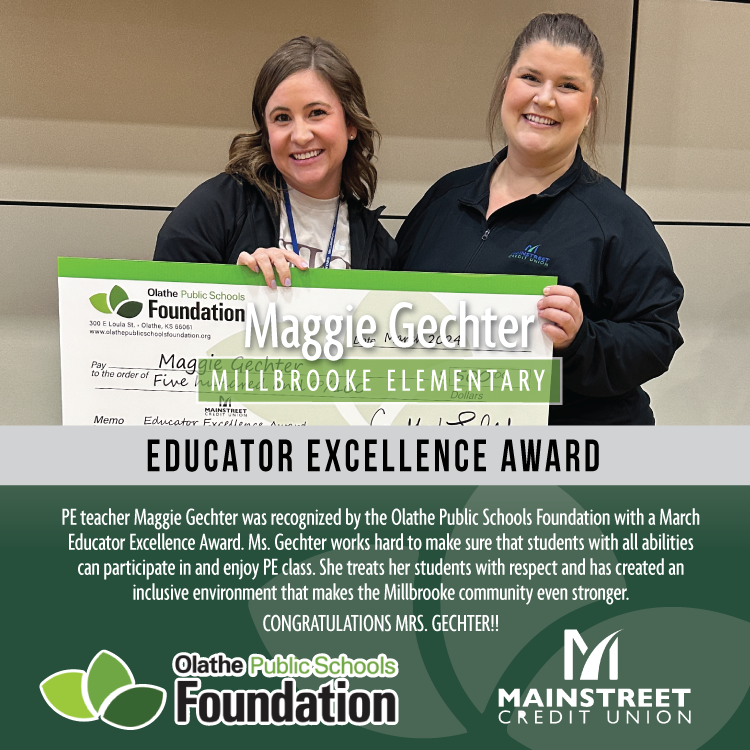 PE teacher Maggie Gechter was recognized by the OPSF with a March E2 Award. Ms. Gechter works hard to make sure that students with all abilities can participate in and enjoy class. Congratulations, Ms. Gechter!! TY Mainstreet Credit Union for supporting our E2 and CEERA Awards.