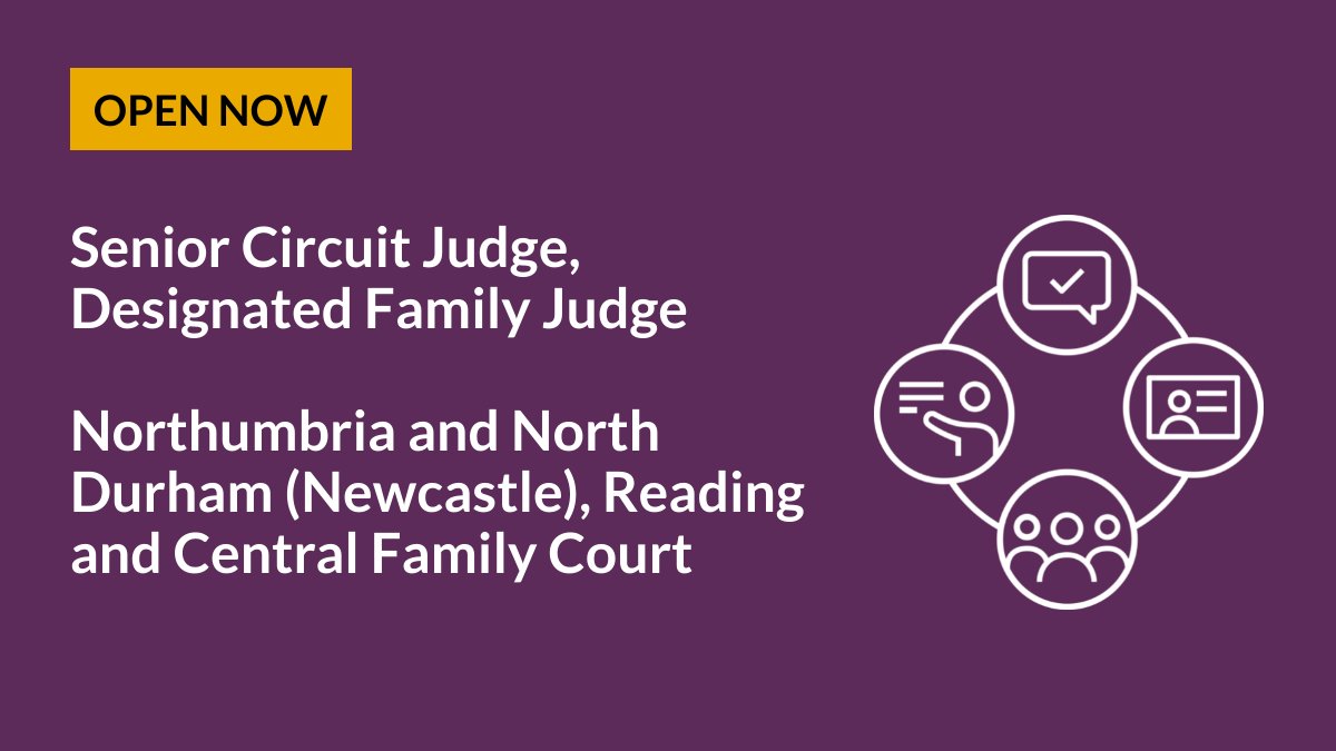🚨📢OPEN NOW until Tues 16 April at 1pm - Senior Circuit Judge, Designated Family Judge. ➡️Locations include: 1x Northumbria & North Durham (Newcastle), 1x Reading, 1x Central Family Court. ➡️Great leadership opportunity. ➡️Find out more, apply here:👉 bit.ly/SCJ-DFJ