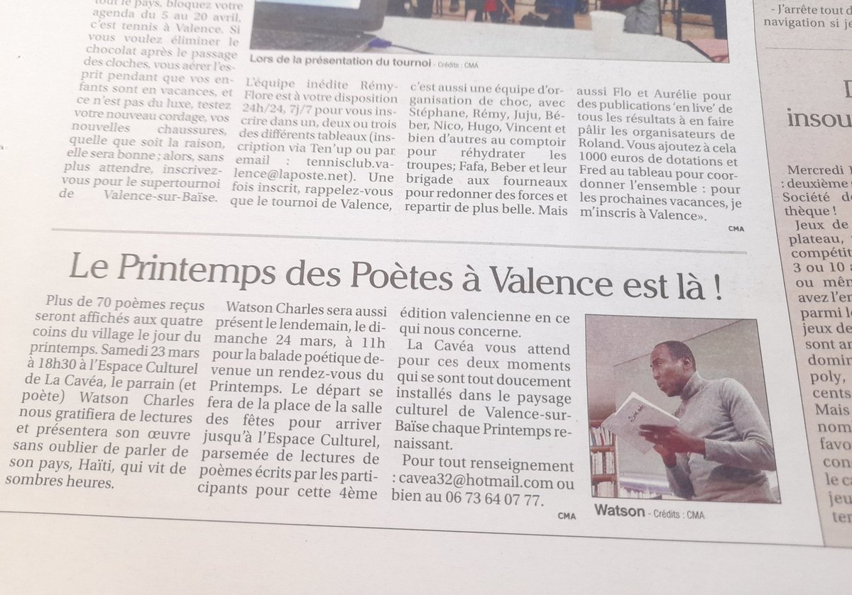 Revue de presse/ LA DÉPÊCHE DU MIDI

Le quotidien annonce ma venue à Valence-sur-Baïse dans le cadre du printemps des poètes

Merci !