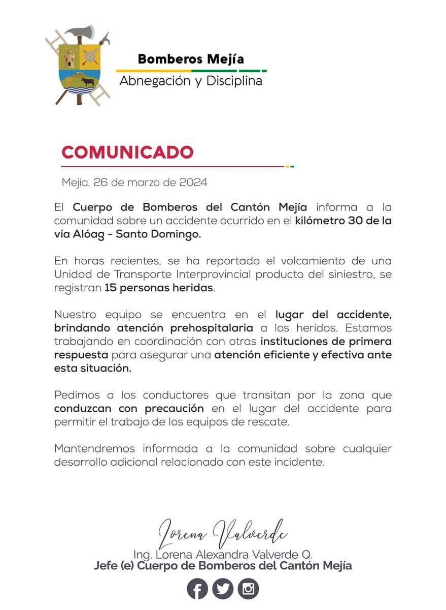 BomberosMejia1's tweet image. #ATENCION 🚨
En estos momentos nuestro personal🚒🔰 realiza la atención a una emergencia 🚨 por el volcamiento de una Unidad de Transporte Interprovincial 🚐 en el km 30 de la vía Alóag - Santo Domingo 🛣 producto del siniestro, se registran 15 personas heridas 🤕.