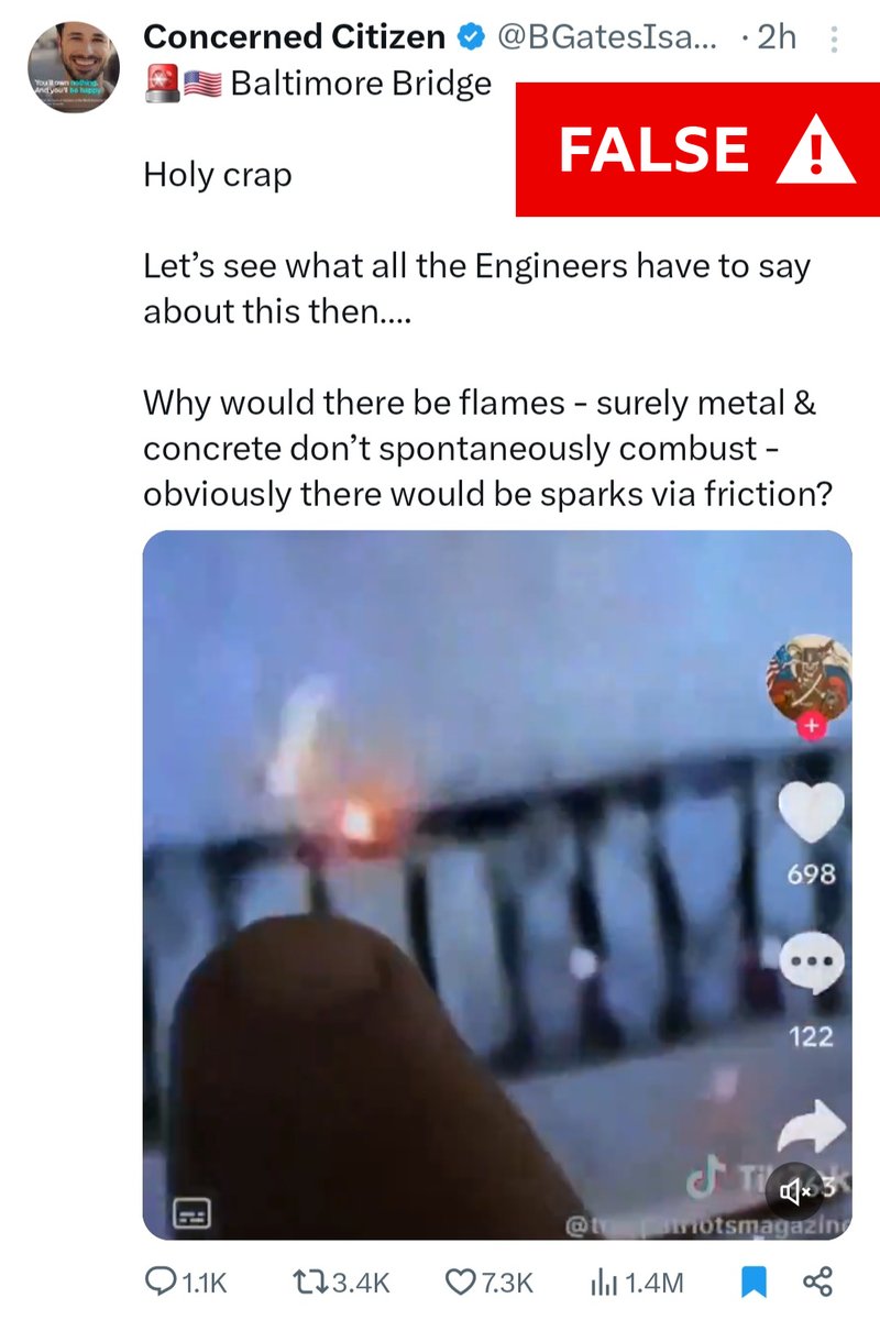 This video, viewed 1.4 million times, claims to show evidence of pre-installed explosives causing the Baltimore Bridge collapse. What the video shows is not explosives, but most likely electrical wires catching sparks.