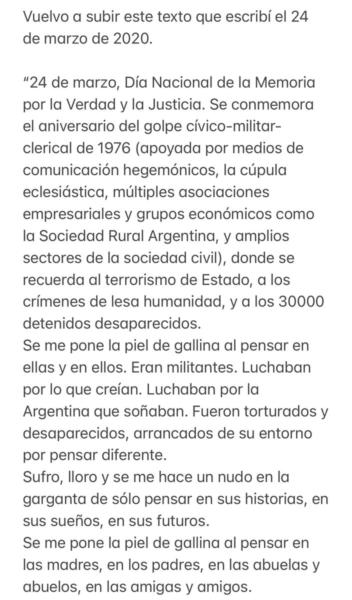 soflupi's tweet photo. Comparto este texto que escribí para este 24 de marzo. 
No a la reconciliación con genocidas.
#24DeMarzo #24M #MemoriaVerdadYJusticia #Memoria #LaPatriaNoSeVende #Fueron30000 #Fueron30mil https://t.co/3ij4gFLr78