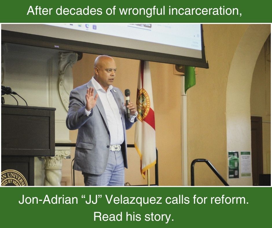 Over nearly 24 years spent in prison for a murder he did not commit, Jon-Adrian 'JJ' Velazquez didn't just fight for his own freedom, he advocated for others affected by wrongful convictions. Released in 2021, he recently spoke at Stetson Law. Learn more: tinyurl.com/2ht9c6bf