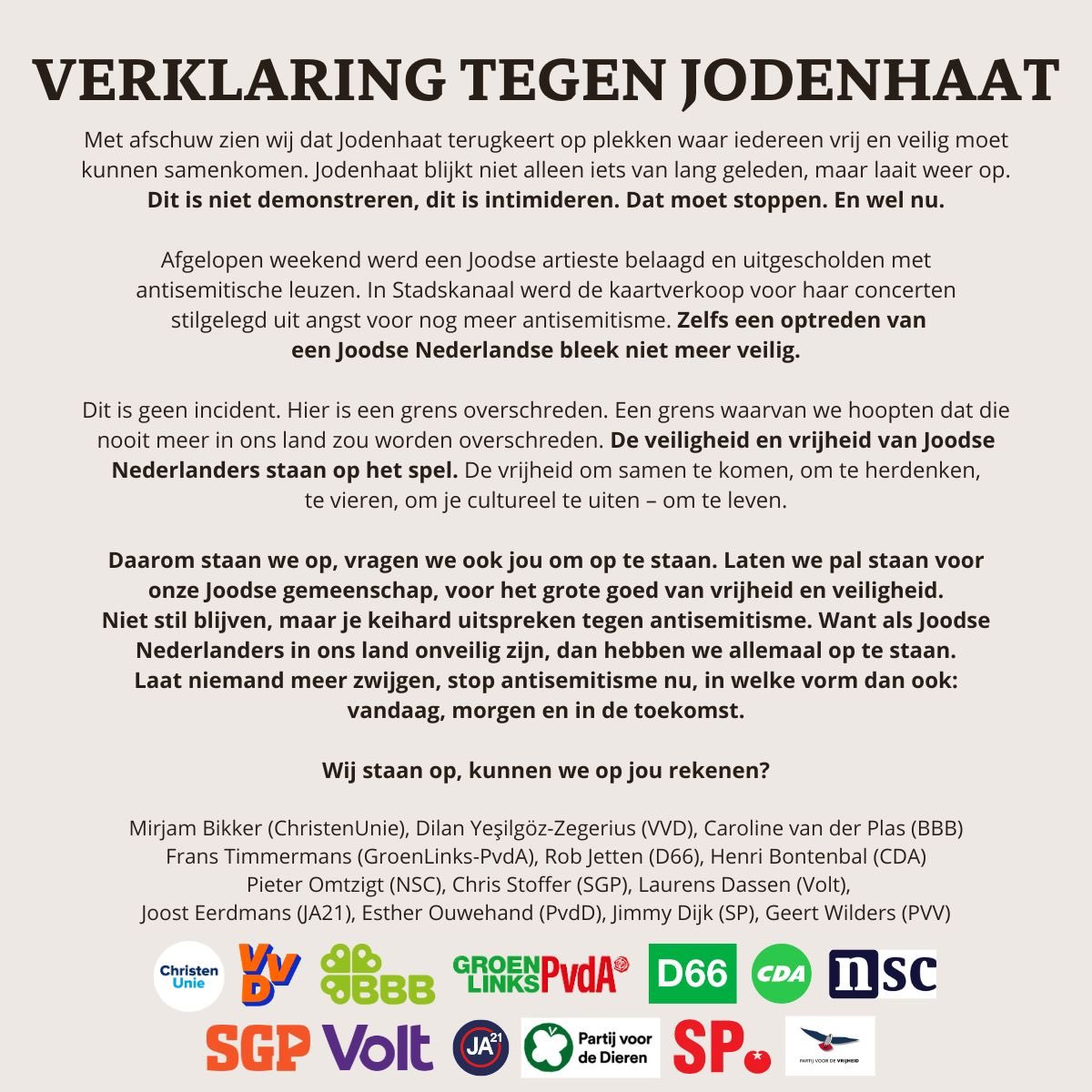 Samen met 12 partijleiders in de Tweede Kamer sta ik op tegen Jodenhaat. En binnen de politiek gaan we als BBB strijden voor een keiharde aanpak tegen #antisemitisme. 🕎 🇮🇱 💚🙏