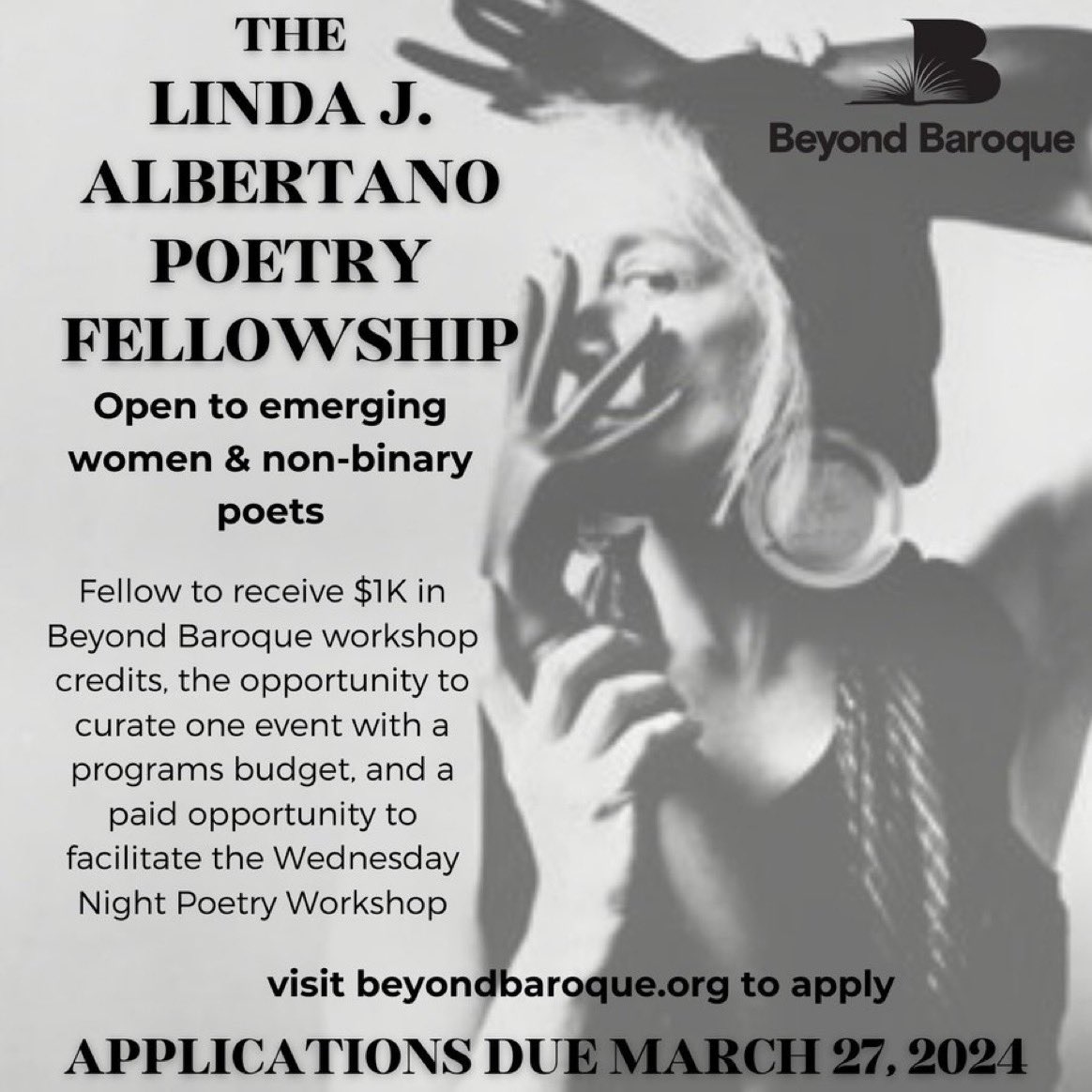 🚨There is just 1️⃣ day left to apply for Beyond Baroque’s Linda J. Albertano Poetry Fellowship. 💫 This is an amazing opportunity for emerging women and non-binary poets in the greater Los Angeles area. 💌 Apply by March 27! ⬇️ Please share! beyondbaroque.org/lindaalbertano… #poetry