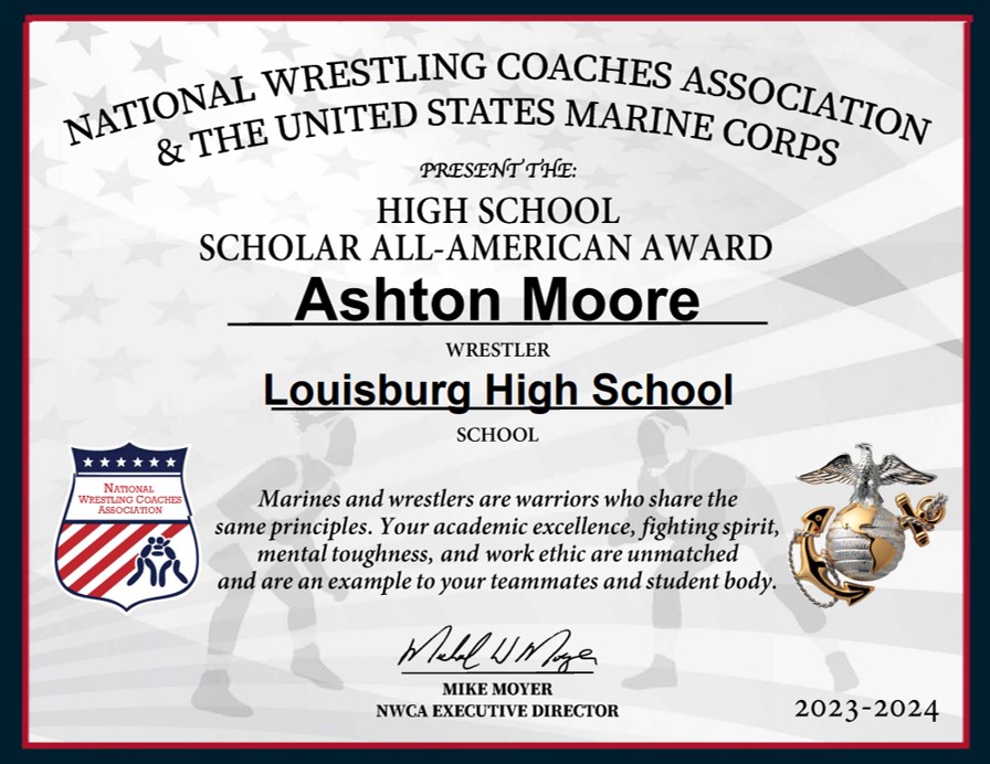 Congratulations to our 9 Wildcat Wrestlers who were recently named High School SCHOLAR ALL-AMERICANS by the National Wrestling Coaches Association and the UMCS!

4-Mika McKitrick
5-Miles Meek
6-Ashton Moore

#WildcatWrestling #LouisburgMade #ScholarAllAmericans