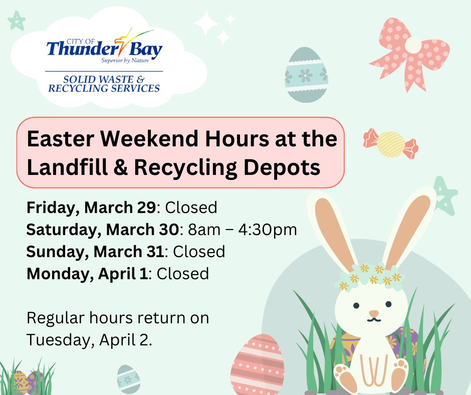 The landfill site and the recycling depots will be on holiday hours for the holiday weekend. Fri Mar 29: Closed Sat Mar 30: 8am - 4:30pm Sun March 31: Closed Mon Apr 1: Closed Regular hours return on Tuesday, April 2! 📷 Landfill info: thunderbay.ca/landfill