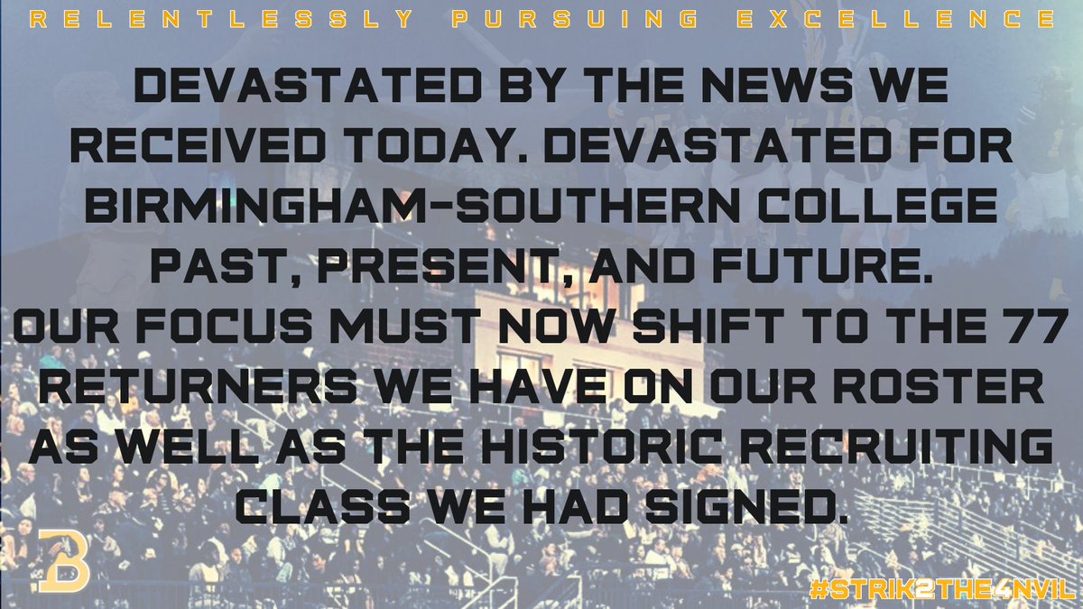 Devastated for all that are associated with Birmingham-Southern College. The process in finding our guys their next home starts now. DM's are open or email amcolucc@bsc.edu. #YeahPanthers