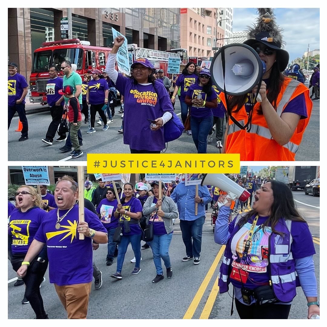 🔥Happening Now! SEIU Local 99 members are marching the streets with union Janitors in solidarity to fight for fair pay, respect, & healthcare. Workers deserve fair pay & a fair contract to take care of their families. Standing united w/ @seiuusww #justice4janitors #unions4all