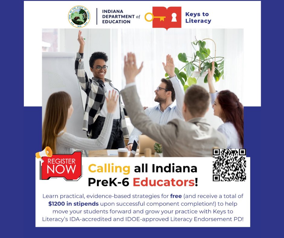 Big News: The IN Dept. of Education to present free literacy endorsement professional development to licensed PreK-6 educators and administrators along with $1200 in stipends for successful completion. Learn more details &amp; register for a cohort here: buff.ly/4cib8Bx