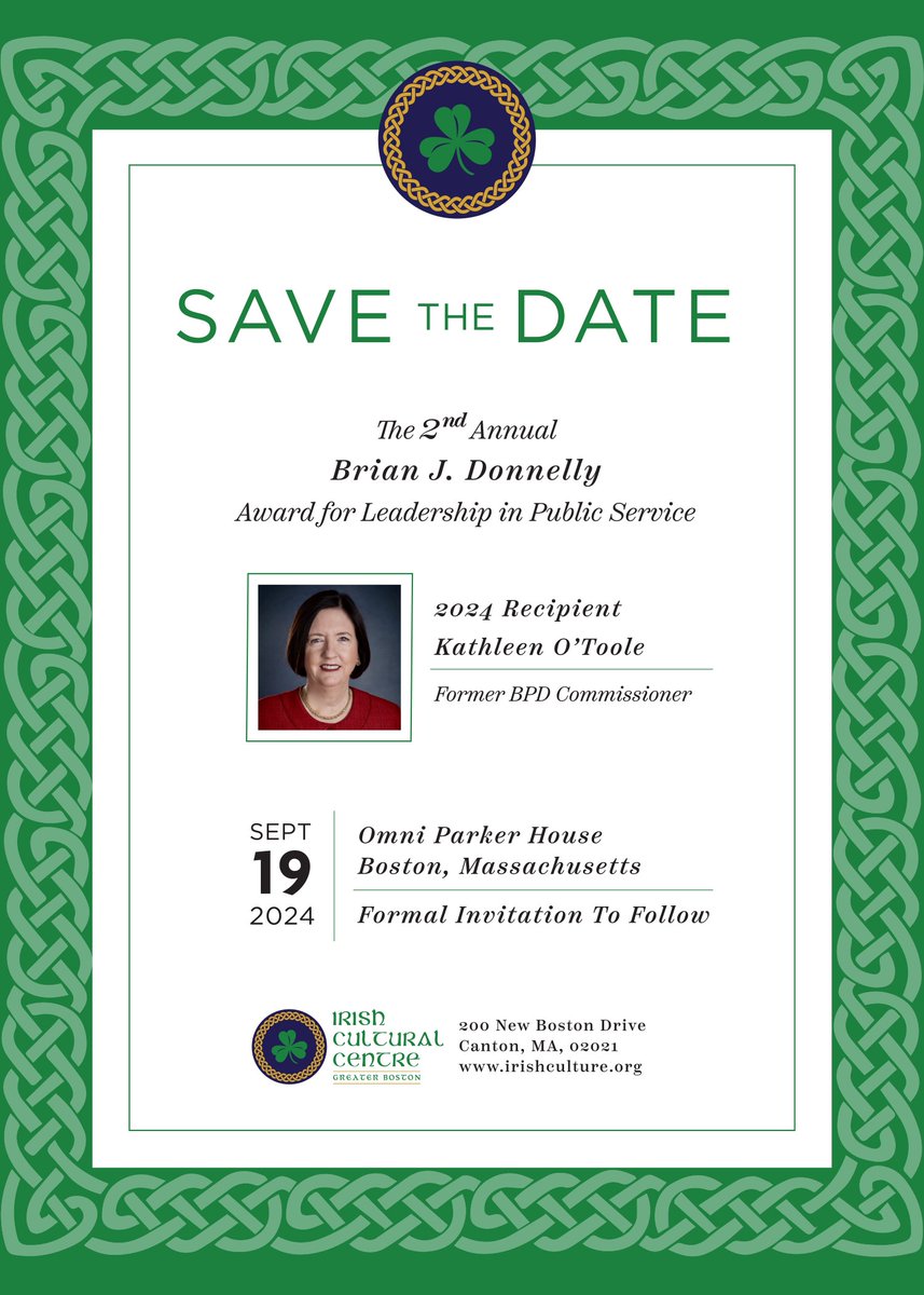 SAVE THE DATE: The Irish Cultural Centre will honor the legacy of the late Congressman & Ambassador Brian J. Donnelly presenting the second annual Brian J. Donnelly Award for Leadership in Public Service Sept. 19th at the Omni Parker House in Boston. More details to come!