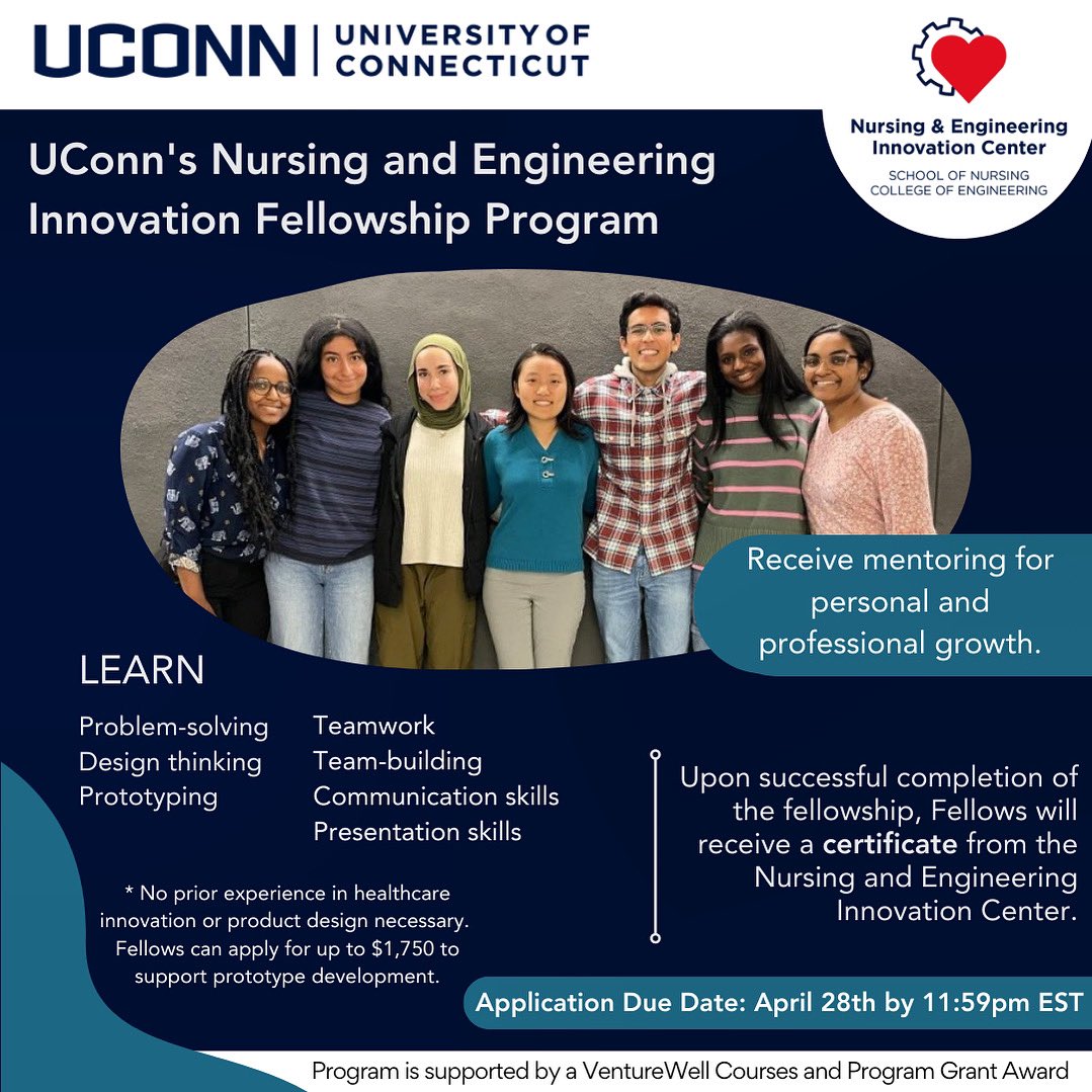 Apply today for UConn’s Nursing and Engineering Innovation Fellowship Program. Applications due by April 28th. Link in Bio. #uconnnursingandengineering