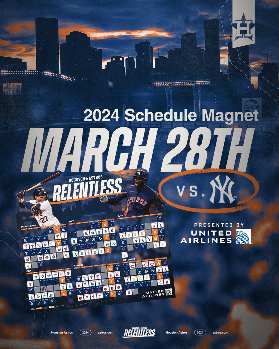 The Astros Schedule Magnet is the only calendar you *really* need and all guests who come out for Opening Day, TOMORROW, will receive a 2024 Schedule Magnet x @united! Learn More: astros.com/promotions