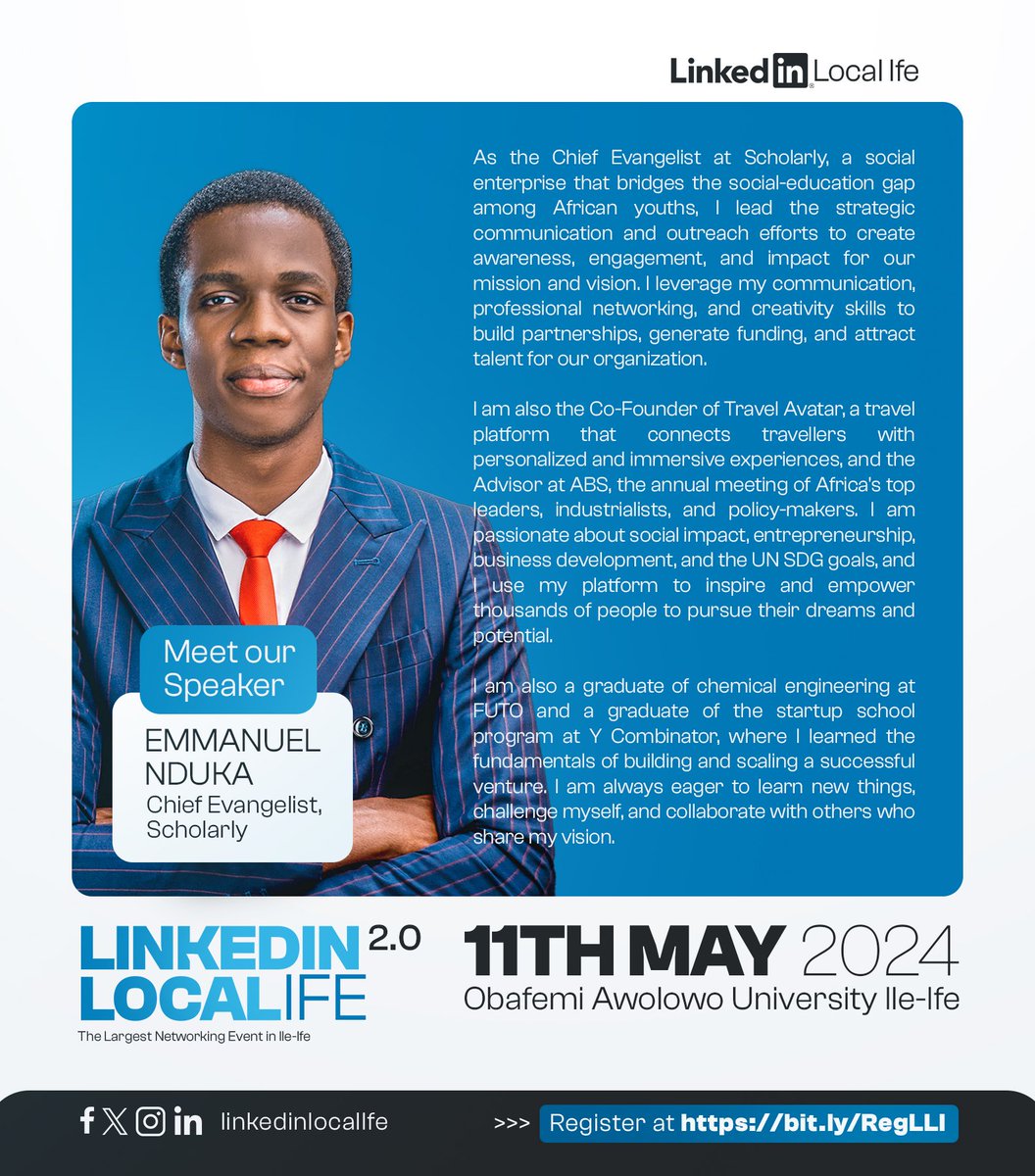 LinkedIn_Ife's tweet image. Exciting news! 

We&apos;re thrilled to unveil one of our stellar  speakers for LinkedIn Local-Ife 2.0.

Meet Emmanuel Nduka, Chief Evangelist at Scholarly Emmanuel Nduka @Emmanuel_Ndukaa

Register for LLI 2.0 today
bit.ly/RegLLI

 #OAUTwitter #linkedinlocal