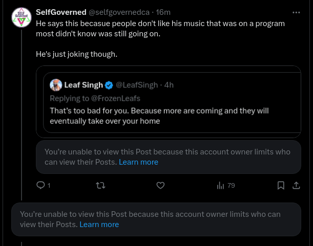 selfgoverned_ca's tweet photo. @selfgovernedca @LeafSingh We need to lift up and highlight our jokes in such tense times.

I would never have thought he would block my promotion, but just in case I posted a screenshot of his joke. Good call. https://t.co/8h64atjLT0