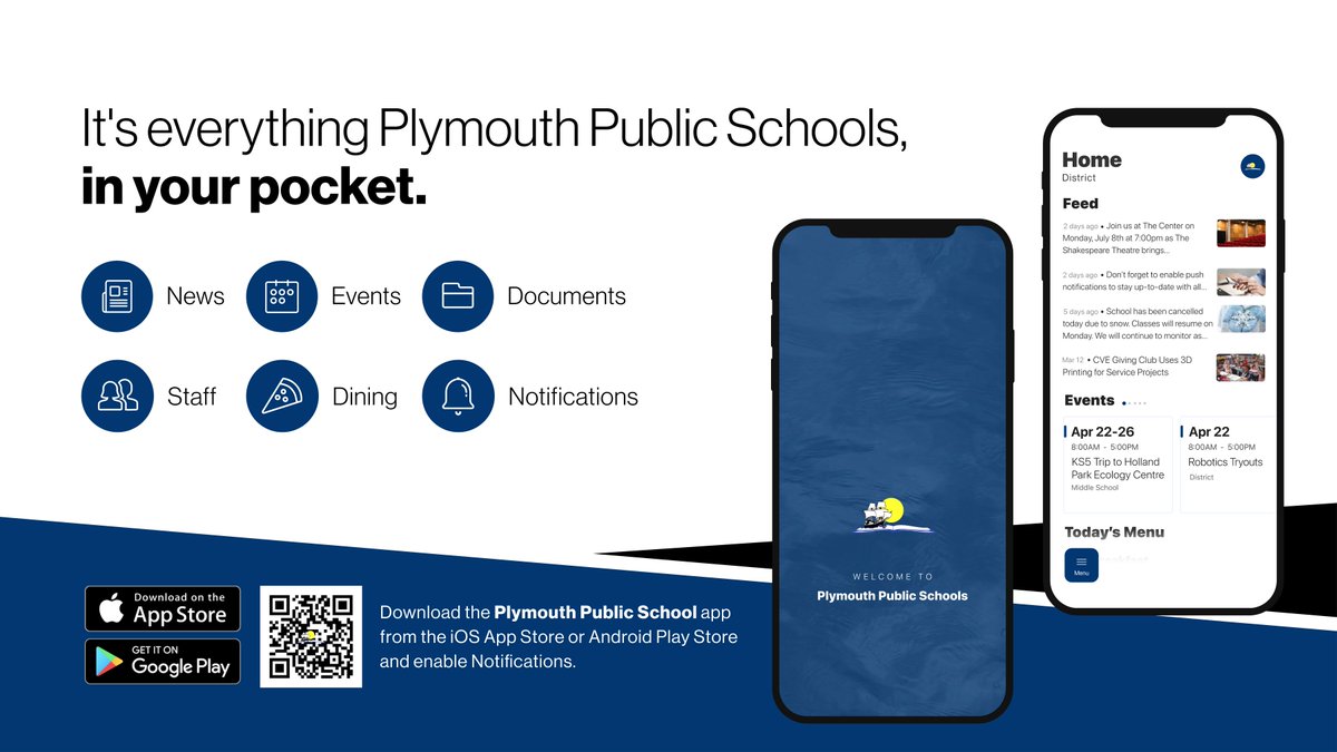 We're thrilled to announce the new app for Plymouth Public Schools! It's everything Plymouth Public Schools, in your pocket. 📱

Download for Android: bit.ly/4bxqJga
Download for iPhone: apple.co/49wJVJv