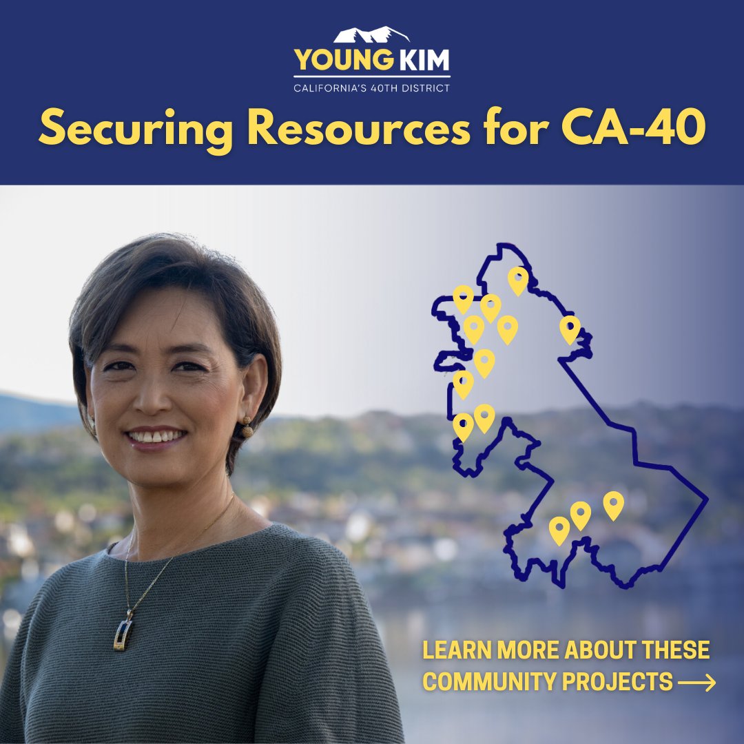 RepYoungKim's tweet image. Delivering for my district is my top priority.

I’m proud to secure resources for 13 projects to support #CA40 public health &amp;amp; safety across Orange, San Bernardino, &amp;amp; Riverside counties.