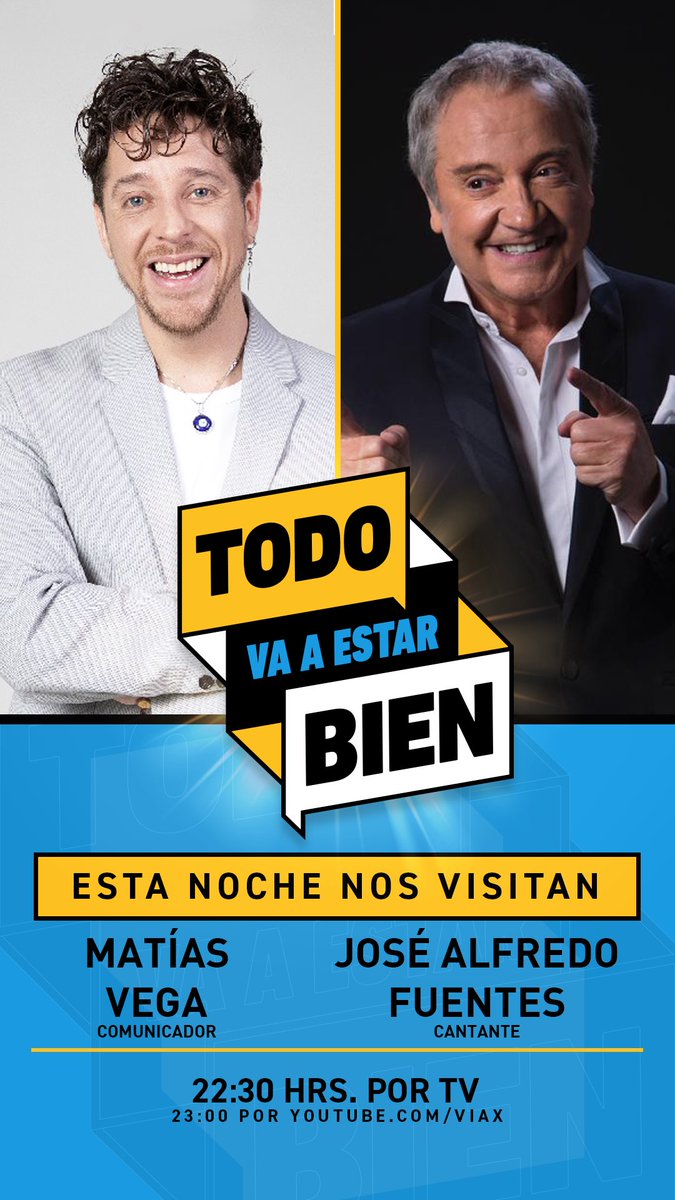 viax's tweet photo. 🌟Hoy en #TodoVaAEstarBien tenemos un capítulo increíble junto a #MatíasVega ,que hablará de su experiencia en Tierra Brava y conoceremos los secretos de #PolloFuentes en la TV y sus mejores looks. Nos vemos hoy a las 22:30‼️ https://t.co/BmTBs4nrg8