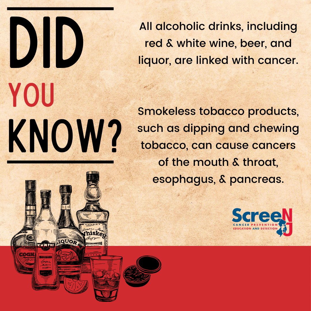 All alcoholic drinks and tobacco products have been linked to cancer. Quit tobacco products and alcohol for a healthier future. Learn how @ScreenNJ can help at screennj.org/lung-screening…