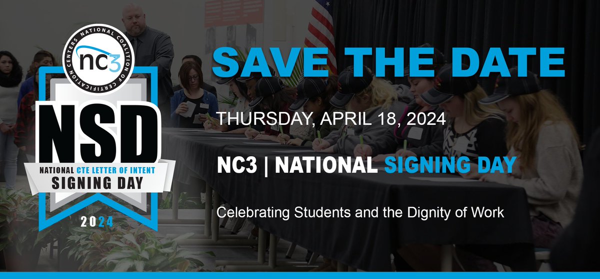 NCCC's tweet image. Mark your calendars! NCCC is hosting the NC3 National CTE Letter of Intent Signing Day on April 18 at the MCTC. Students will join their peers around the country to commit to their future program pathways and sign a Letter of Intent to their school of choice.