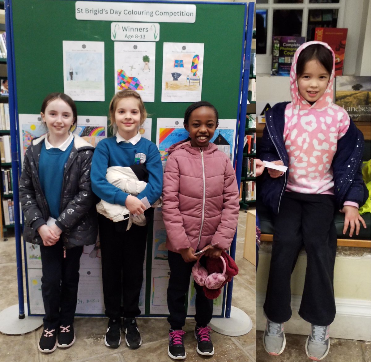 Well done to Caoimhe, Aoife, Melanie & Taeya, some of Boyle’s winners of the St Brigid's Day colouring competition, pictured here collecting their well-earned book vouchers! 🖍️🎨 @RoscommonCoco @LibrariesIre #Boyle